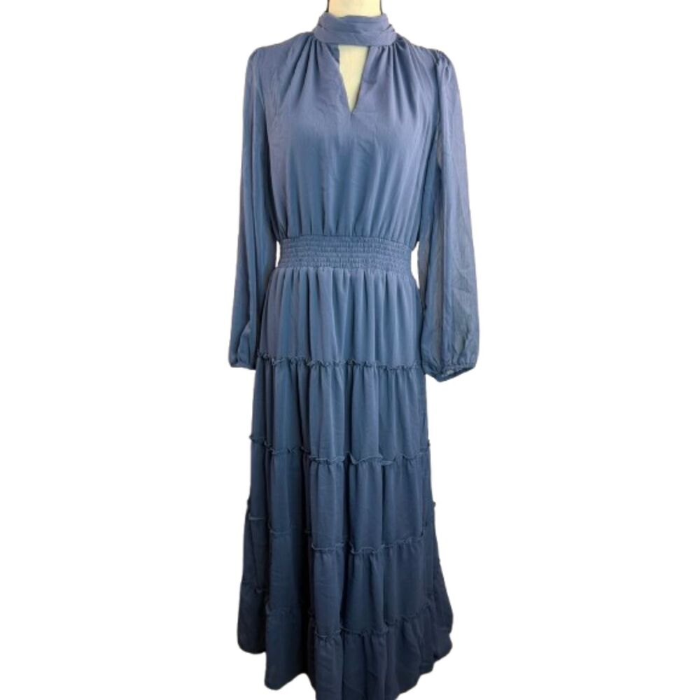 Halogen NWOT Dusty Blue Tiered Chiffon Smocked Waist Maxi Dress Size 1 S/M
